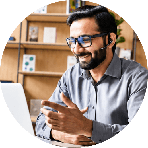 IT consultant wearing headset, framed in a circle